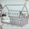 Kinderbett Hausbett 80x160 cm Hellgrau aus Kiefernholz mit Rausfallschutz Dach und Lattenrost Holzbett ML-Design-ECD Germany Online