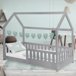 Kinderbett Hausbett 80x160 cm Hellgrau aus Kiefernholz mit Rausfallschutz Dach und Lattenrost Holzbett ML-Design-ECD Germany Online