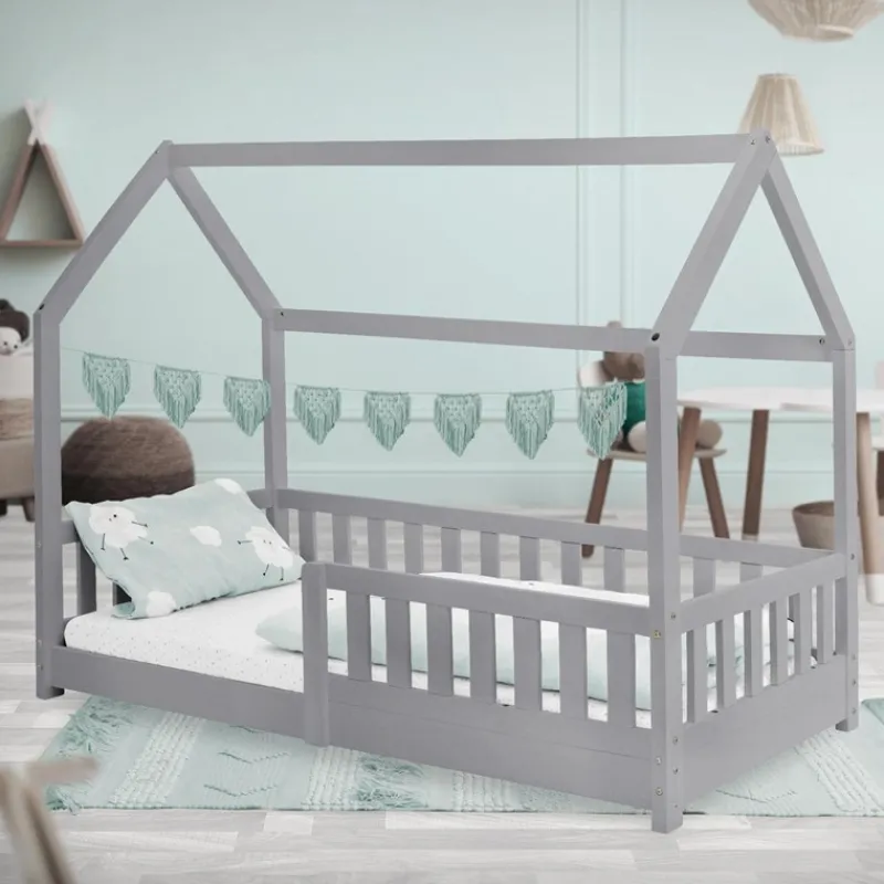 Kinderbett Hausbett 80x160 cm Hellgrau aus Kiefernholz mit Rausfallschutz Dach und Lattenrost Holzbett ML-Design-ECD Germany Online
