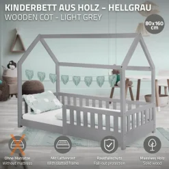 Kinderbett Hausbett 80x160 cm Hellgrau aus Kiefernholz mit Rausfallschutz Dach und Lattenrost Holzbett ML-Design-ECD Germany Online