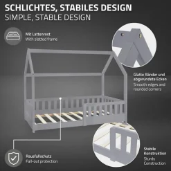 Kinderbett Hausbett 80x160 cm Hellgrau aus Kiefernholz mit Rausfallschutz Dach und Lattenrost Holzbett ML-Design-ECD Germany Online