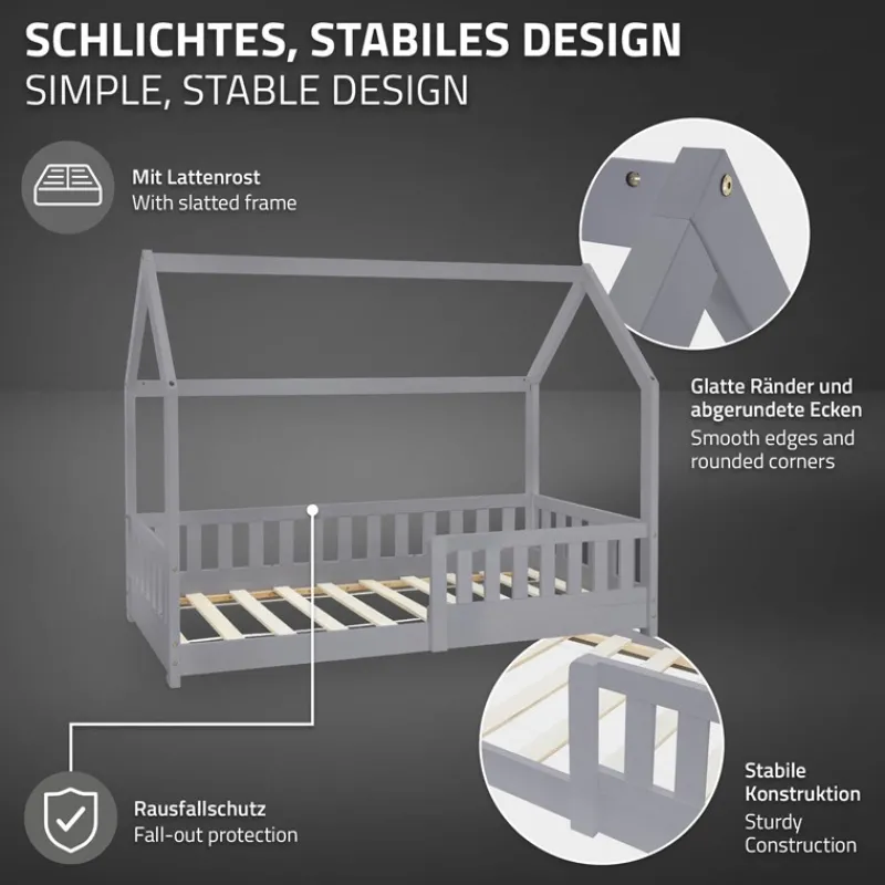 Kinderbett Hausbett 80x160 cm Hellgrau aus Kiefernholz mit Rausfallschutz Dach und Lattenrost Holzbett ML-Design-ECD Germany Online