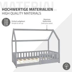 Kinderbett Hausbett 80x160 cm Hellgrau aus Kiefernholz mit Rausfallschutz Dach und Lattenrost Holzbett ML-Design-ECD Germany Online