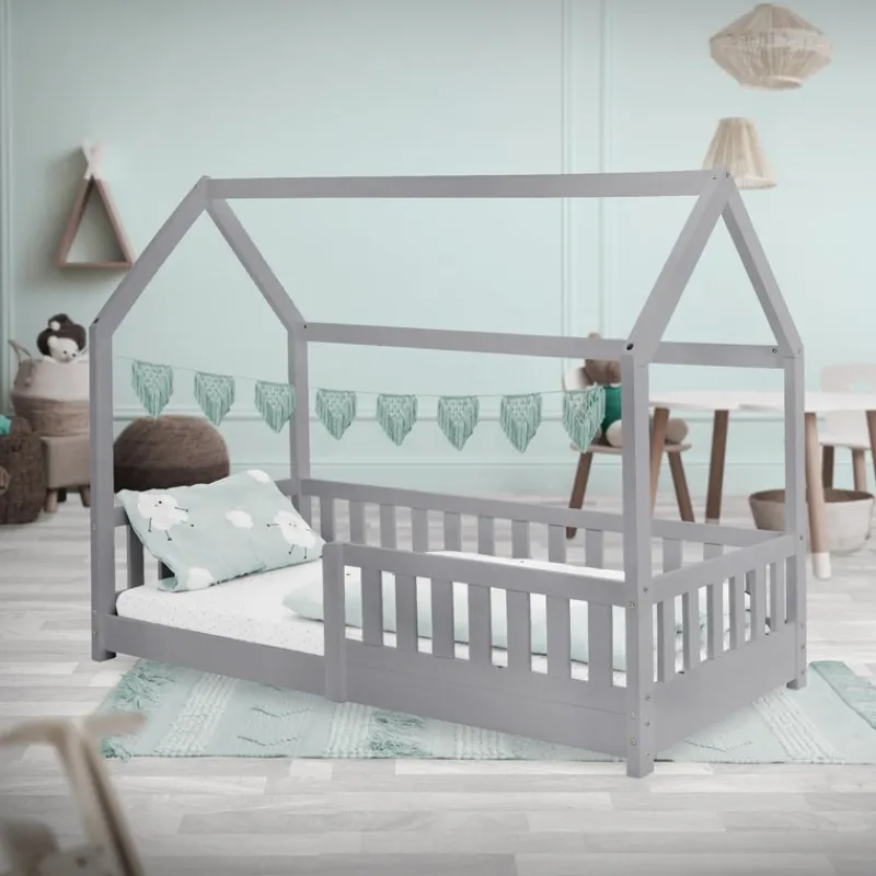 Kinderbett Hausbett 80x160 cm Hellgrau aus Kiefernholz mit Rausfallschutz Dach und Lattenrost Holzbett ML-Design-ECD Germany Online