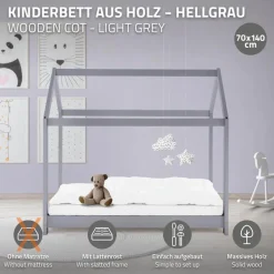 Kinderbett Hausbett 70x140 cm Hellgrau aus Kiefernholz Holzbett mit Dach und Lattenrost ML-Design-ECD Germany New