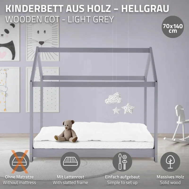 Kinderbett Hausbett 70x140 cm Hellgrau aus Kiefernholz Holzbett mit Dach und Lattenrost ML-Design-ECD Germany New
