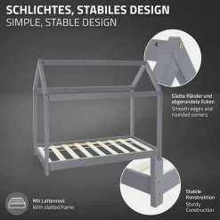 Kinderbett Hausbett 70x140 cm Hellgrau aus Kiefernholz Holzbett mit Dach und Lattenrost ML-Design-ECD Germany New