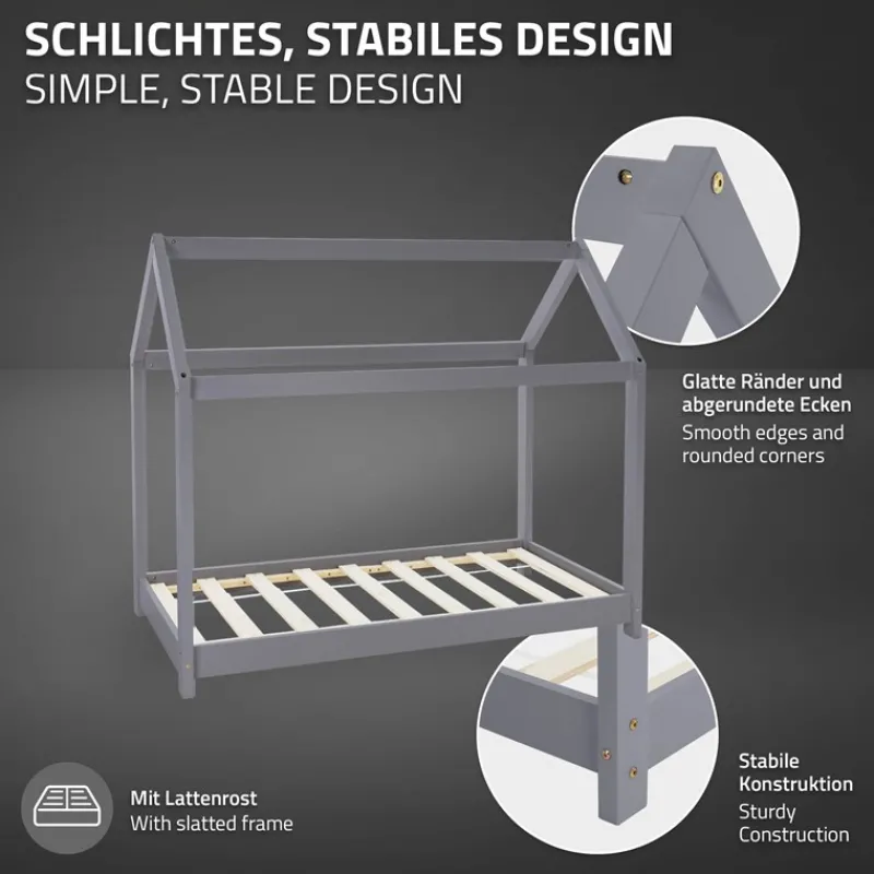 Kinderbett Hausbett 70x140 cm Hellgrau aus Kiefernholz Holzbett mit Dach und Lattenrost ML-Design-ECD Germany New