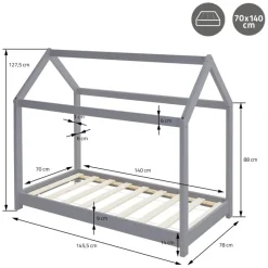 Kinderbett Hausbett 70x140 cm Hellgrau aus Kiefernholz Holzbett mit Dach und Lattenrost ML-Design-ECD Germany New