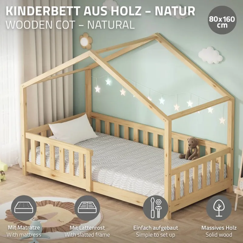 Kinderbett Hausbett 80x160 cm Natur aus Kiefernholz mit Matratze H:10cm Rausfallschutz und Lattenrost ML-Design-ECD Germany Discount