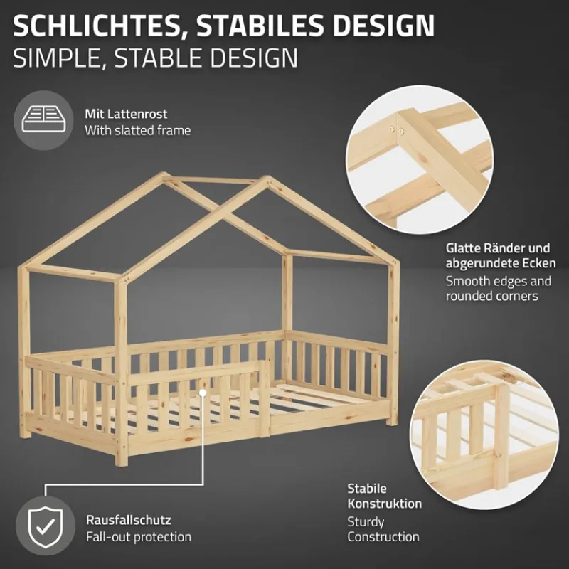 Kinderbett Hausbett 80x160 cm Natur aus Kiefernholz mit Matratze H:10cm Rausfallschutz und Lattenrost ML-Design-ECD Germany Discount