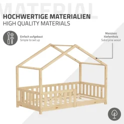 Kinderbett Hausbett 80x160 cm Natur aus Kiefernholz mit Matratze H:10cm Rausfallschutz und Lattenrost ML-Design-ECD Germany Discount