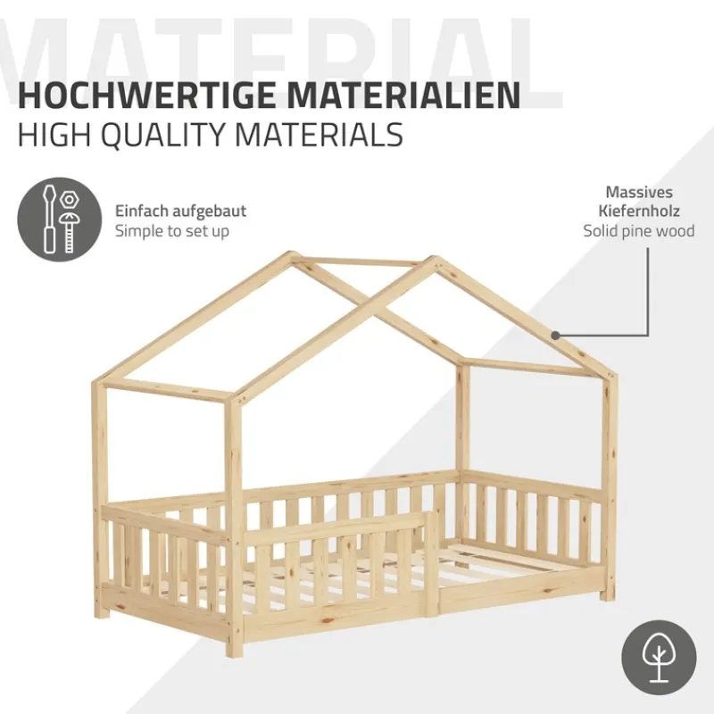 Kinderbett Hausbett 80x160 cm Natur aus Kiefernholz mit Matratze H:10cm Rausfallschutz und Lattenrost ML-Design-ECD Germany Discount
