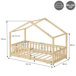 Kinderbett Hausbett 80x160 cm Natur aus Kiefernholz mit Matratze H:10cm Rausfallschutz und Lattenrost ML-Design-ECD Germany Discount