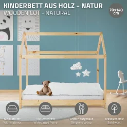 Kinderbett Hausbett 70x140 cm aus Kiefernholz inkl. Matratze H-10cm Holzbett mit Dach und Lattenrost ML-Design-ECD Germany Clearance