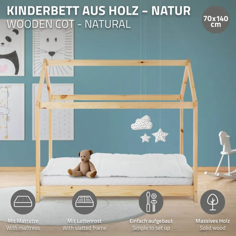 Kinderbett Hausbett 70x140 cm aus Kiefernholz inkl. Matratze H-10cm Holzbett mit Dach und Lattenrost ML-Design-ECD Germany Clearance
