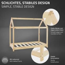 Kinderbett Hausbett 70x140 cm aus Kiefernholz inkl. Matratze H-10cm Holzbett mit Dach und Lattenrost ML-Design-ECD Germany Clearance