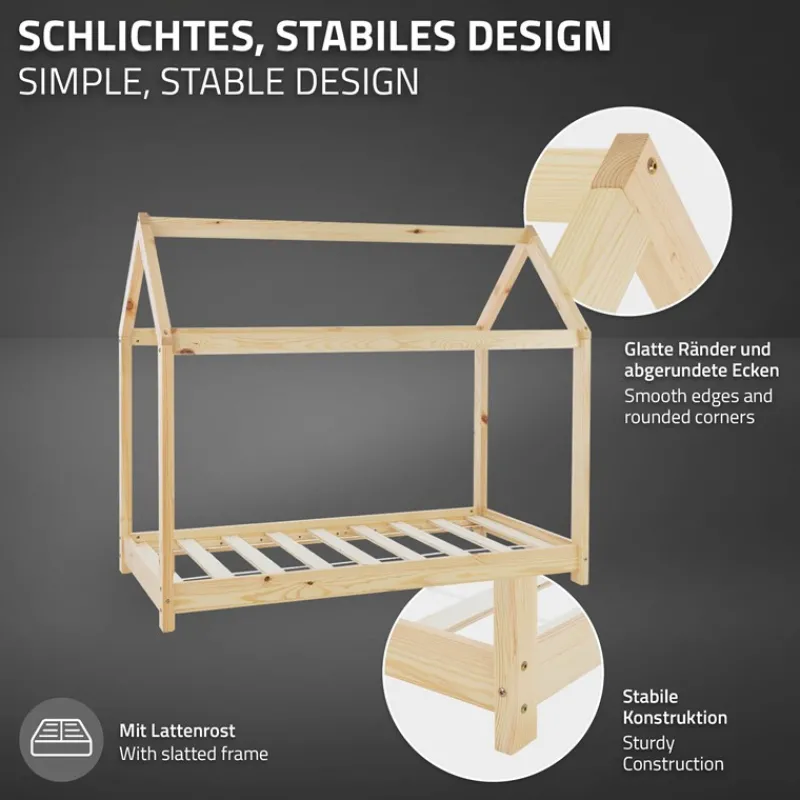Kinderbett Hausbett 70x140 cm aus Kiefernholz inkl. Matratze H-10cm Holzbett mit Dach und Lattenrost ML-Design-ECD Germany Clearance