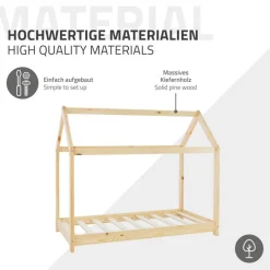 Kinderbett Hausbett 70x140 cm aus Kiefernholz inkl. Matratze H-10cm Holzbett mit Dach und Lattenrost ML-Design-ECD Germany Clearance
