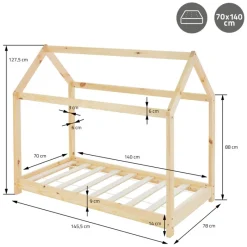 Kinderbett Hausbett 70x140 cm aus Kiefernholz inkl. Matratze H-10cm Holzbett mit Dach und Lattenrost ML-Design-ECD Germany Clearance