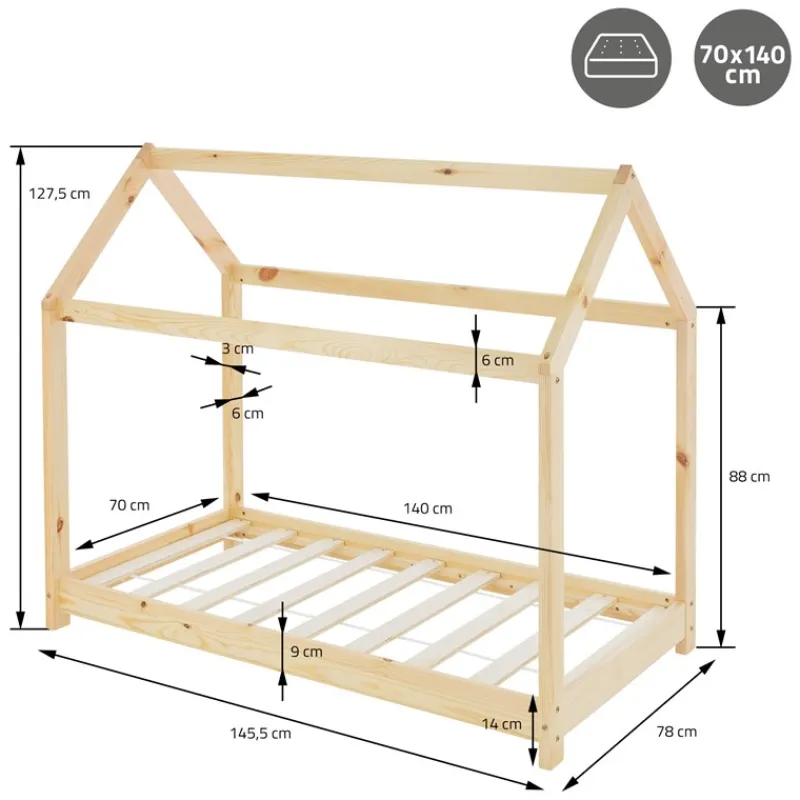 Kinderbett Hausbett 70x140 cm aus Kiefernholz inkl. Matratze H-10cm Holzbett mit Dach und Lattenrost ML-Design-ECD Germany Clearance