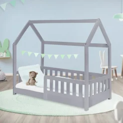 Kinderbett Hausbett 70x140 cm Hellgrau aus Kiefernholz mit Rausfallschutz Dach und Lattenrost Holzbett ML-Design-ECD Germany Clearance