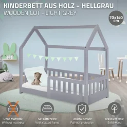 Kinderbett Hausbett 70x140 cm Hellgrau aus Kiefernholz mit Rausfallschutz Dach und Lattenrost Holzbett ML-Design-ECD Germany Clearance