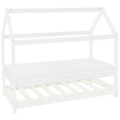 Kinderbett Hausbett 80x160 cm Weiß aus Kiefernholz inkl. Matratze H-10cm Holzbett mit Dach und Lattenrost ML-Design-ECD Germany Sale