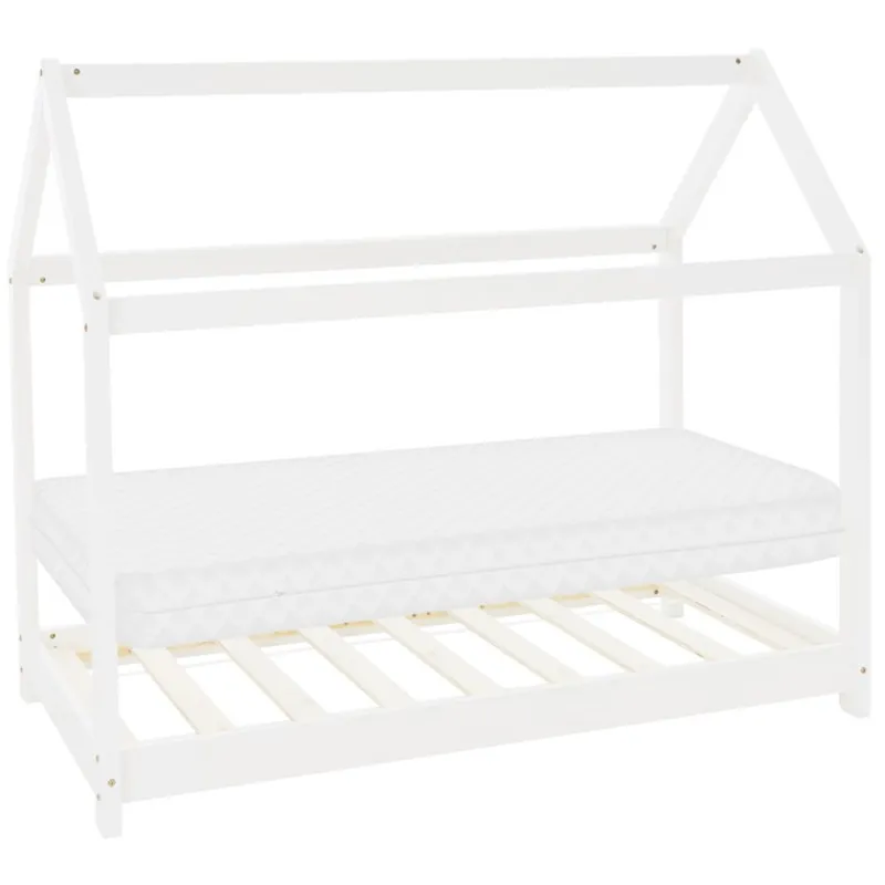 Kinderbett Hausbett 80x160 cm Weiß aus Kiefernholz inkl. Matratze H-10cm Holzbett mit Dach und Lattenrost ML-Design-ECD Germany Sale