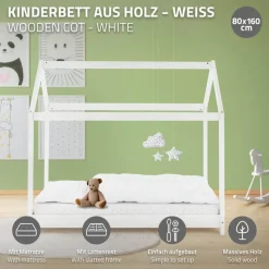 Kinderbett Hausbett 80x160 cm Weiß aus Kiefernholz inkl. Matratze H-10cm Holzbett mit Dach und Lattenrost ML-Design-ECD Germany Sale