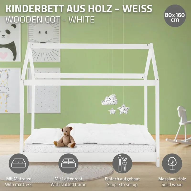 Kinderbett Hausbett 80x160 cm Weiß aus Kiefernholz inkl. Matratze H-10cm Holzbett mit Dach und Lattenrost ML-Design-ECD Germany Sale