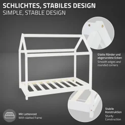 Kinderbett Hausbett 80x160 cm Weiß aus Kiefernholz inkl. Matratze H-10cm Holzbett mit Dach und Lattenrost ML-Design-ECD Germany Sale