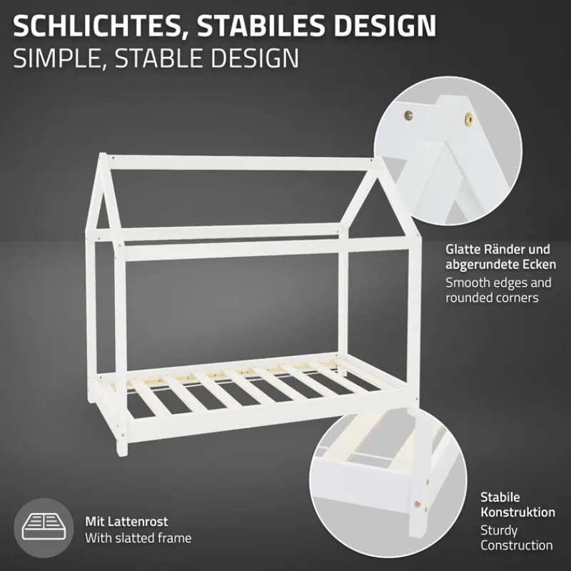 Kinderbett Hausbett 80x160 cm Weiß aus Kiefernholz inkl. Matratze H-10cm Holzbett mit Dach und Lattenrost ML-Design-ECD Germany Sale