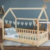 Kinderbett Hausbett 80x160 cm aus Kiefernholz mit Rausfallschutz Dach und Lattenrost Holzbett ML-Design-ECD Germany Outlet