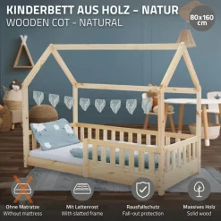 Kinderbett Hausbett 80x160 cm aus Kiefernholz mit Rausfallschutz Dach und Lattenrost Holzbett ML-Design-ECD Germany Outlet