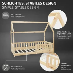 Kinderbett Hausbett 80x160 cm aus Kiefernholz mit Rausfallschutz Dach und Lattenrost Holzbett ML-Design-ECD Germany Outlet
