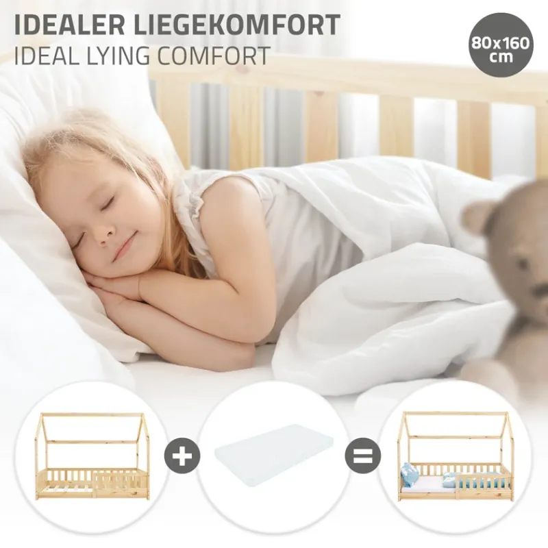 Kinderbett Hausbett 80x160 cm aus Kiefernholz mit Rausfallschutz Dach und Lattenrost Holzbett ML-Design-ECD Germany Outlet