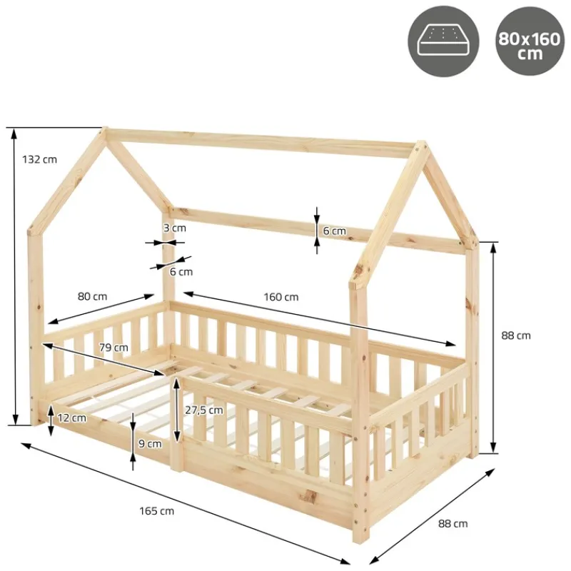 Kinderbett Hausbett 80x160 cm aus Kiefernholz mit Rausfallschutz Dach und Lattenrost Holzbett ML-Design-ECD Germany Outlet
