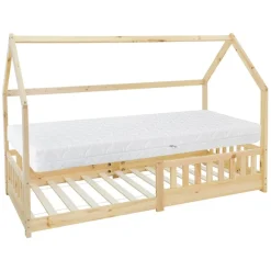 Kinderbett Hausbett 90x200 cm aus Kiefernholz inkl. Matratze H-16cm Rausfallschutz Dach und Lattenrost ML-Design-ECD Germany Hot