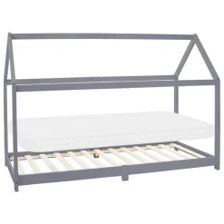 Kinderbett Hausbett 90x200 cm Hellgrau aus Kiefernholz inkl. Matratze H-10cm Holzbett mit Dach und Lattenrost ML-Design-ECD Germany New