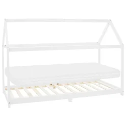 Kinderbett Hausbett 90x200 cm Weiß aus Kiefernholz inkl. Matratze H-10cm Holzbett mit Dach und Lattenrost ML-Design-ECD Germany Hot