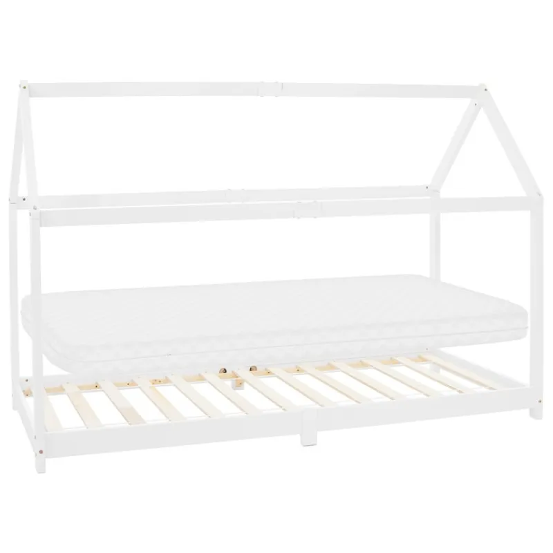 Kinderbett Hausbett 90x200 cm Weiß aus Kiefernholz inkl. Matratze H-10cm Holzbett mit Dach und Lattenrost ML-Design-ECD Germany Hot