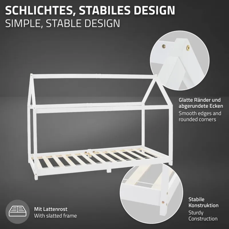 Kinderbett Hausbett 90x200 cm Weiß aus Kiefernholz inkl. Matratze H-10cm Holzbett mit Dach und Lattenrost ML-Design-ECD Germany Hot