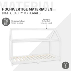 Kinderbett Hausbett 90x200 cm Weiß aus Kiefernholz inkl. Matratze H-10cm Holzbett mit Dach und Lattenrost ML-Design-ECD Germany Hot
