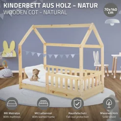 Kinderbett Hausbett 70x140 cm aus Kiefernholz inkl. Matratze H-10cm Rausfallschutz Dach und Lattenrost ML-Design-ECD Germany New