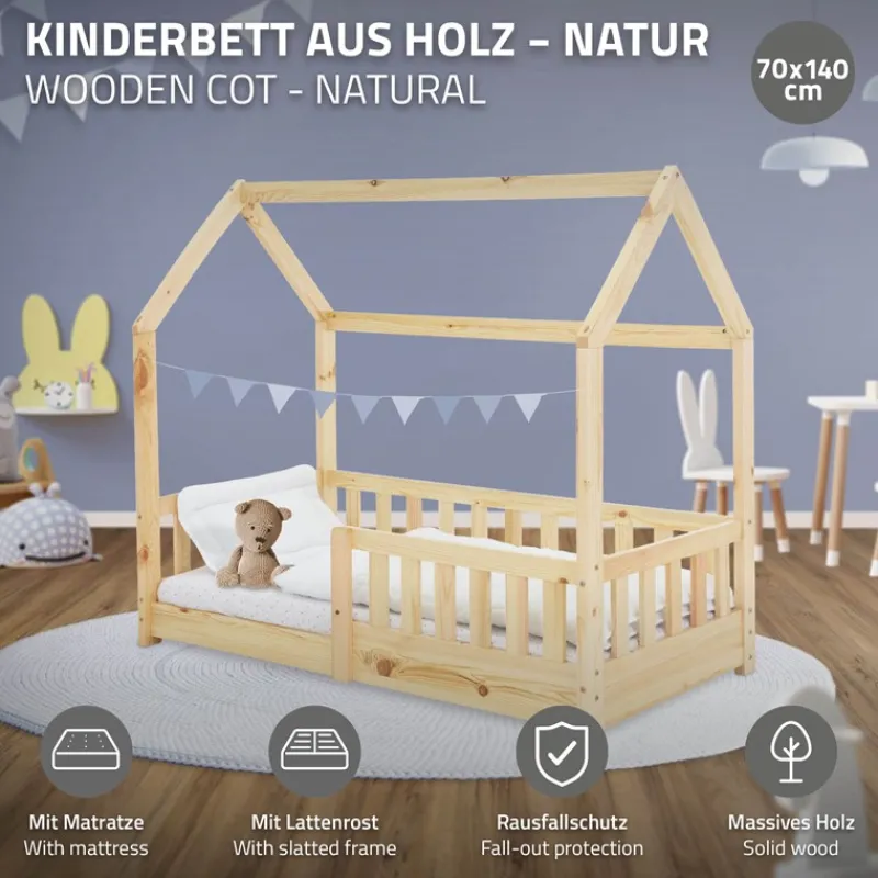 Kinderbett Hausbett 70x140 cm aus Kiefernholz inkl. Matratze H-10cm Rausfallschutz Dach und Lattenrost ML-Design-ECD Germany New