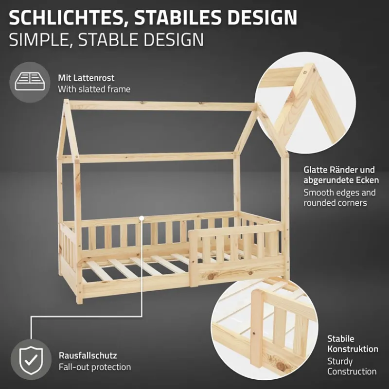 Kinderbett Hausbett 70x140 cm aus Kiefernholz inkl. Matratze H-10cm Rausfallschutz Dach und Lattenrost ML-Design-ECD Germany New