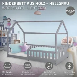 Kinderbett Hausbett 90x200 cm Hellgrau aus Kiefernholz inkl. Matratze H-16cm Rausfallschutz Dach und Lattenrost ML-Design-ECD Germany Hot