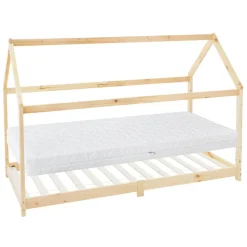 Kinderbett Hausbett 90x200 cm aus Kiefernholz inkl. Matratze H-16cm Holzbett mit Dach und Lattenrost ML-Design-ECD Germany Outlet