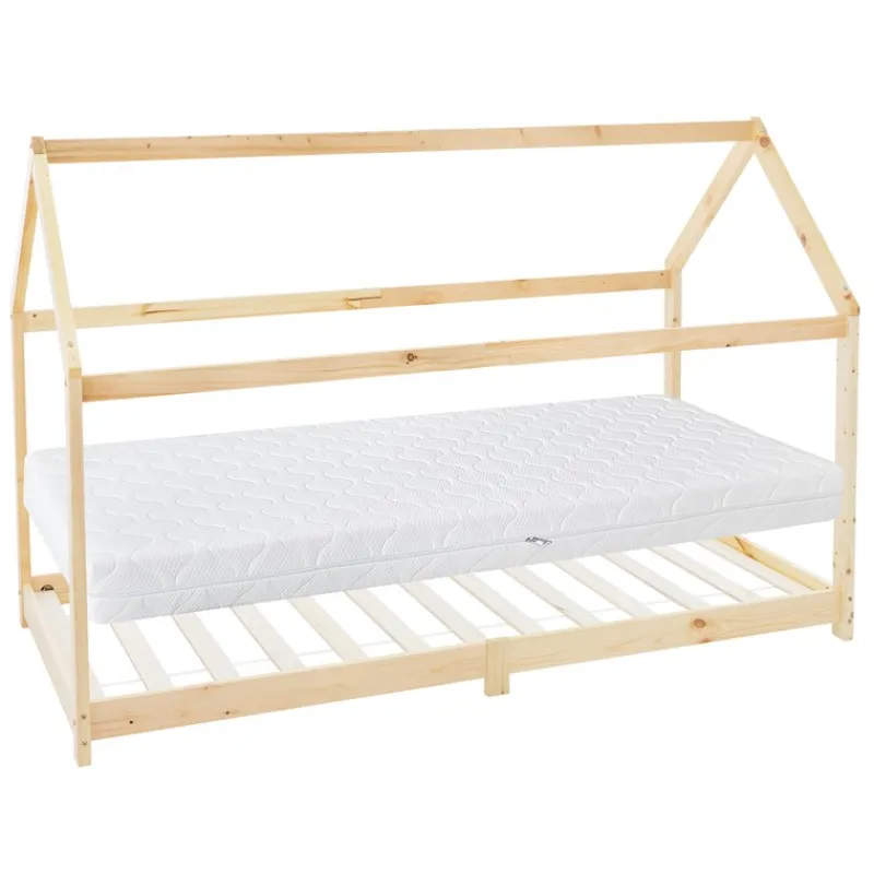 Kinderbett Hausbett 90x200 cm aus Kiefernholz inkl. Matratze H-16cm Holzbett mit Dach und Lattenrost ML-Design-ECD Germany Outlet